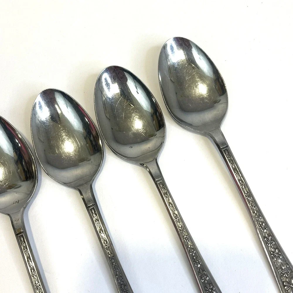 6‎ Florenz Interpur Japan Soup Spoons Stainless 8 Petal Flower 7.25 Inch Vintage